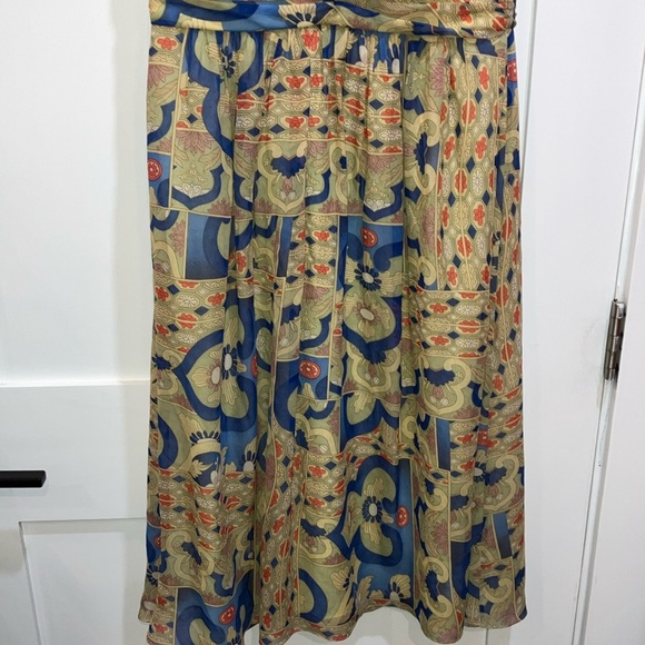 Kay Unger size 6 SILK Blue and Tan Ruched A-Line Midi dress - NWT but FLAWED - Picture 9 of 16